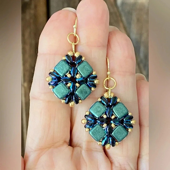 Handmade Unique Blue, Green & Gold Czech Glass Bead Earrings - Picture 1 of 2